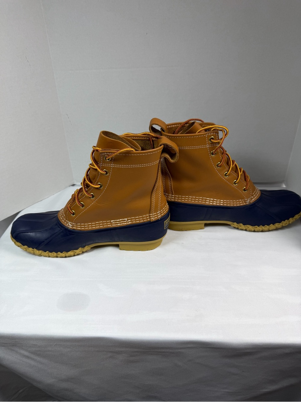 LL Bean Boots Tan Leather Navy Rubber Duck Boot Outdoors Size 9M See Note - Picture 9 of 11